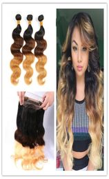 1B427 Honey Blonde Ombre 360 Lace Frontal With Bundles 9A Brazilian Body Wave Hair With Full Frontal 360 Band Lace Closure4856208