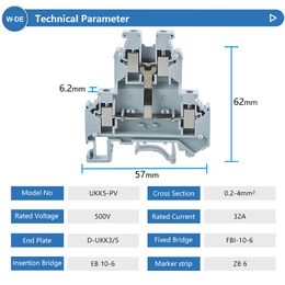 5 Pcs Din Rail Terminal Block UKK5-PV Double Layer Equipotential Bonder 4-Connductor Screw Electrical Wire Conductor UKK-5-PV