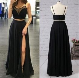 2019 Sexy Two Pieces Prom Dress Spaghetti Straps Sheer Neck Black Chiffon Long Formal Evening Party Gowns with High Split Floor Le2715887