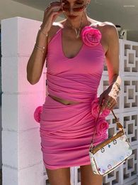 Casual Dresses Women Summer Luxury Sexy Halter Hollow Out Pink Flower Mini Gowns Bandage Dress Elegant Evening Party Club
