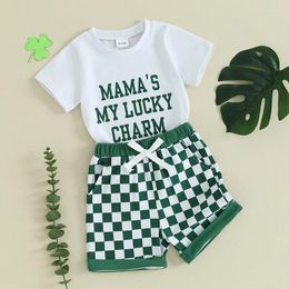 Clothing Sets Baby Boy Girl St Patricks Day Outfit Mamas Lucky Charm Short Sleeve Letter T-Shirt Checkerboard Shorts Clothes Set