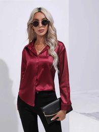 Women's Blouses Shirts Elegant Womens Satin Imitation Silk Long Sleeve Shirt Autumn/Winter Solid Office Lady Lapel Button Blouse Women Clothing S-XXL 240411