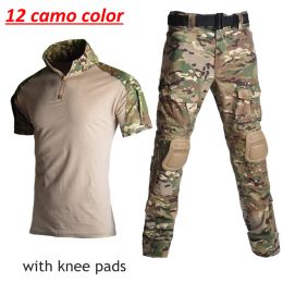 Pants Tactical Uniform Camouflage Training Suit Short Sleeve T Shirts + Pants Airsoft Hunting Clothing with Knee Pads