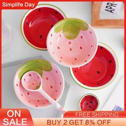 Bowls Ceramic Bowl Wear-resistant Strawberry Energetic Cartoon Tableware Long Handle Spoon Highest Evaluation Rice Safe