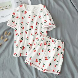 Home Clothing Round Neck Cherry Print Nightwear Cotton T-shirt&shorts 2pcs Pyjamas Suit Short Sleeve Sleep Set Casual Sleepwear Homewear