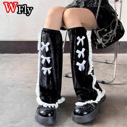 Leg covers Leg Warmer Female y2k black Gothic Harajuku velvet bow mid-tube calf socks Spring and Autumn socks wide leg socks