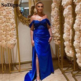 Party Dresses SoDigne Royal Blue Sweetheart Mermaid Long Prom Off Shoulder Corset Satin Pleats Slit Beads Evening Gowns