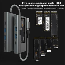 Hubs M.2 NVMe/SATA Hard Drive Case 5 in 1 USB TypeC Hub USB 3.2 Gen 2 10Gbps Solid State Drive Adapter SD/TF Card Slot for PC Laptop
