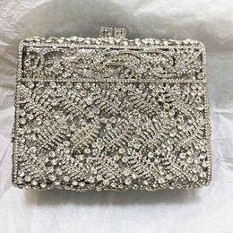 New Silver Leaves Crystal Evening Bag Square Hard Metal Wedding Clutches Bridal Bags WHTUOHENG Diamond Women Bling Handbags