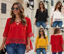 Frauen halbe Ärmel -Chiffon -Shirts 2020 Sommer Neue Mode Womens Casual Lose Cut Hollow Out Solid Tops Bluse Sexy Vneck Spitze BL9571993