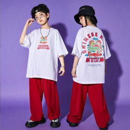 Kids Show Hip Hop Clothing White Oversize Tshirt Tops Streetwear Baggy Pants For Girl Boy Stage Jazz Dance Costumes Rave Clothes