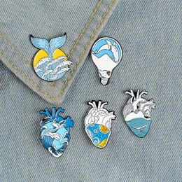 Freedom Heart Enamel Pin Custom Organ Heart Brooches Bag Clothes Lapel Pin Ocean Wave Badge Whale Jewelry Gift for Kids Friend