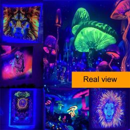 Black Light Tapestry Wall Hanging UV Reactive Psychedelic Jellyfish Hippie for Bedroom Dorm Indie Room Decor