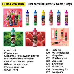 Prefilled Device Disposable Vape Cigarettes Original RUM BAR 9000 Puffs 5% send from usa warehouse 850mah 14ml Authorized 17 Flavors Cigarrillos