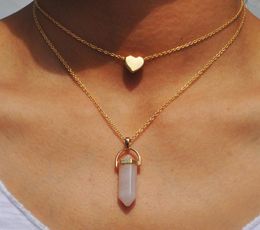 Natural Stones Heart Necklace Fashion Crystal Quartz Chakra Bullet Hexagonal Prism Point Healing Pendant Necklaces Double Layer Go2013475