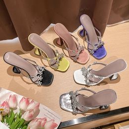Summer Silver High-heeled Shoes With Black Sandals And Slippers Plum Blossom Rhinestones With Black Sandals For Women To Wear 240321