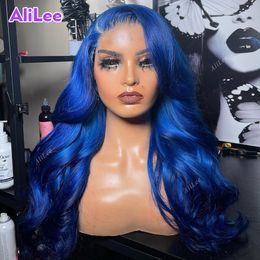 30 Inches Coloured Royal Blue Wigs Body Wave Brazilian 13x4 Lace Frontal Wigs Human Hair PrePlucked 4x4 Lace Closure Wig