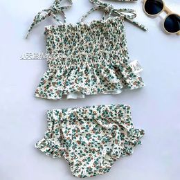 3Pcs Baby Girls Floral Strap Swimsuit Vintage Smocking Lace Up Tops + Ruffle Shorts +Cap Summer Newborn Toddlers Swimwear