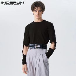 INCERUN Tops 2023 American Style New Men Sleeves Hollow Design T-Shirts Casual Streetwear Male Solid O-neck Plain Camiseta S-5XL