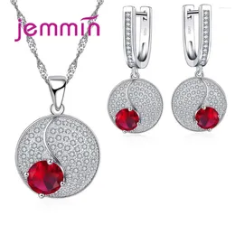 Necklace Earrings Set Luxury Women Round 925 Sterling Silver Paved White And Red Rhinestone For