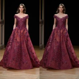 Vintage Burgundy Evening Dresses Lace Crystal 2024 Modest Ziad Nakad Dubai Arabic Prom Gowns Plus Size Elegant Special Occasion Dress