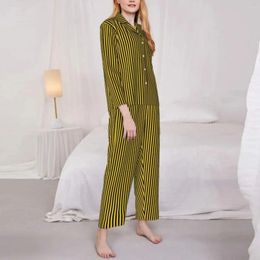 Home Clothing Vertical Striped Pyjamas Women Yellow And Black Kawaii Bedroom Sleepwear Autumn 2 Piece Casual Oversize Custom Pyjama Sets