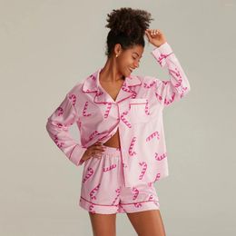 Home Clothing Women 2 Piece Pajama Set Dessert Print Long Sleeves Shirt And Elastic Band Loose Shorts For Loungewear Soft Sleepwear