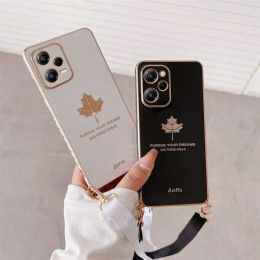 Pocox5 Crossbody Lanyard Maple Leaf Plating Case On For Xiaomi Mi Poco X5 Pro X5pro X4 X3 F3 M5 5g Cord Silicone Cover Pokox5