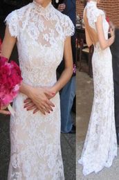 2016 High Collar Cheongsam Style Lace Wedding Dresses with Short Sleeves Open Back Wedding Formal Dress Custom Made Advanced Brida1719797