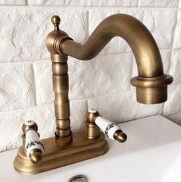 Bathroom Sink Faucets Antique Brass 4" Centerset Kitchen Vessel Two Holes Basin Swivel Faucet Dual Ceramics Handles Water Tap Aan067