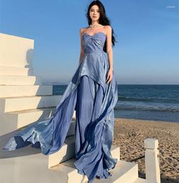 Casual Dresses French Fashion Spring Summer Blue Cocktail Party Dress Boho Sexy Women Sleeveless Strapless Split Holiday Dinner Slim Long