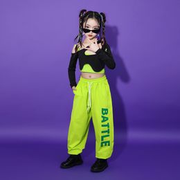 Kids Teenage Hip Hop Clothing Long Sleeve T Shirt Top Streetwear Green Jogger Pants For Girls Jazz Dance Costume Stage Clothes