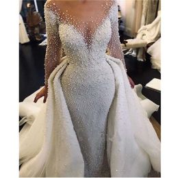 Mor Pearl Dinkable Train Sheer Secion Długie rękawy Moda Elegancka panna młoda 2023 Suknia ślubna Arabska romantyczna suknia ślubna