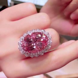 Cluster Rings Unique Large Pink Zircon Crystal Diamond For Women Wedding Engagement Accessories Fancy Lady Gift Romantic Trendy Jewelry
