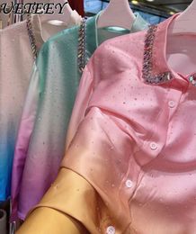 Women's Blouses Sparkling Starry Rhinestone Shirt For Women 2024 Spring Mercerized Comfortable Sweet Gradient Colour Blouse Top Girls Camisas