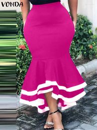Skirts VONDA Elegant Summer Women Ruffled Fishtail Skirt 2024 High Waist Midi Zipper Casual Pleated Colour Patchwork Party Bottom
