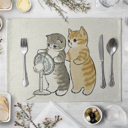 2023 Funny Cat Decorations Placemat Polysterflax Blended Yarn Dining Table Mats Coaster Bowl Coffee Cup Mat Napkin