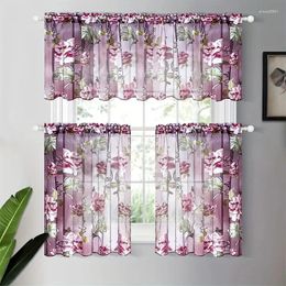 Curtain 1/2Pcs Purple Floral Sheer Short Curtains For Living Room Voile Panels Kitchen Cafe Tulle Window Treatments Rod Pocket Top