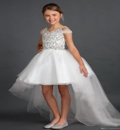 Bling Hi Low Cold Shoulder Girls Pageant Dresses With Sleeves A line Sparkly Beaded Crystal Tulle Kids Formal Party Flower Girl Dr5942943