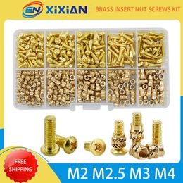 M2 M2.5 M3 M4 Brass Threaded Insert Nut and Bolts Set Phillips Cross Countersunk or Round Head Screws with Heat Knurled Nut Kit