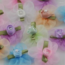 Decorative Flowers 20pcs U Pick Organza Ribbon Flower W/pearl Wedding/sewing/appliques Lots B037