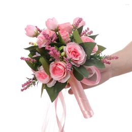 Decorative Flowers Bridal Bridesmaid Wedding Bouquet Handmade Artificial Flower Rose Silk Pink White For Decor