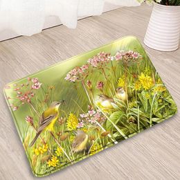 Bath Mats Cartoon Bedroom Retro Style Flowers Birds Wooden Barrel Post Trolley Home Bathroom Kitchen Flannel Non-Slip Carpet Washable