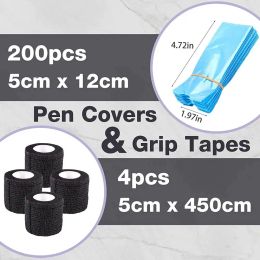 200pcs Tattoo Machine Pen Bag and 4pcs Grip Tape Wrap Plastic Pen Sleeve with Black Self-adhesive Bandage Machine Cover Kit