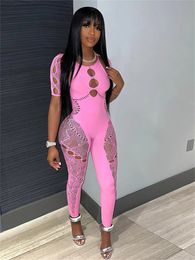 Club Outfits Streetwear Jumpsuits for Women Short Sleeve Bodycon Rompers Jumpsuit Skinny Pink Mesh See Though One-piece Overalls 240402