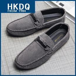 Casual Shoes HKDQ Grey Suede Loafers Man Slip-on Flat Breathable Men's Soft Comfortable Moccasins For Men