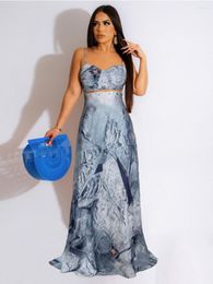 Casual Dresses Nice Outfit Beautiful Sexy Denim Printing Decorative Pin Nude Back Sling Mop Long Dress Suit