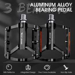 WEST BIKING Mountain Bike Reflective 3 Bearing Pedals Lightweight Aluminium Alloy Non-Slip Road Bike Flat Pedals For MTB BMX