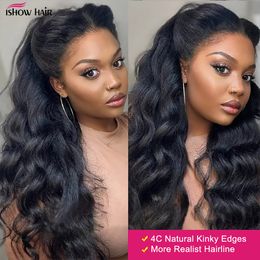 Ishow 4C Body Wave Edges Baby Hair Lace Wigs 13x4 HD Lace Front Human Hair Wigs Kinky Edges Natural Hairline Wig For Women