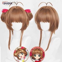 Anime Costumes Sakura Kinomoto Cosplay Wig Anime Card Captors Sakura Heat Resistant Synthetic Hair Wigs + Wig Cap + Red Balls Hairband 240411